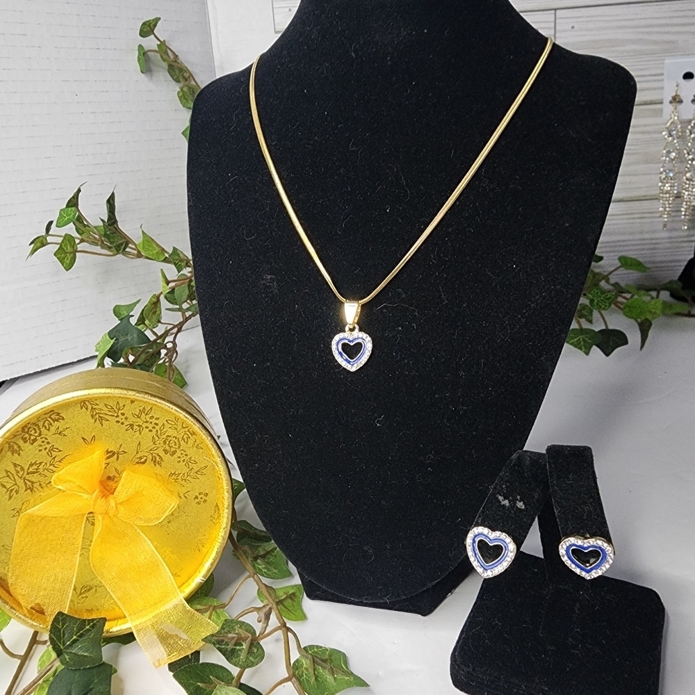 Gold with Zirconia Blue Heart Necklace and Earrings Set New